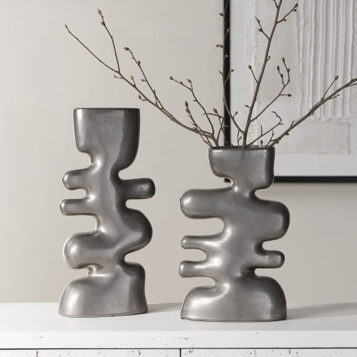 Abstract Style Ceramic Vases - 14" - Nickel Finish - Set of 2 - IMAGE 1