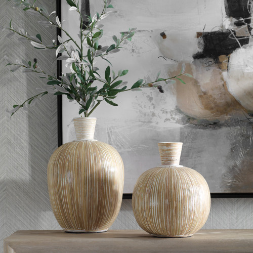 Stripe Motif Terracotta Vases - 16" - Set of 2 - IMAGE 1
