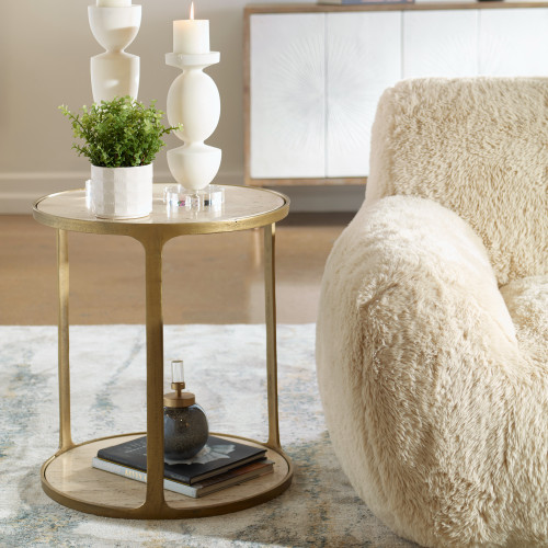 Travertine Side Table - 23.25" - Antique Brass Finish - IMAGE 1