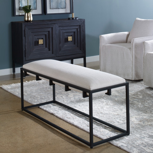Upholstered Iron Bench - 47" - Black and White - IMAGE 1