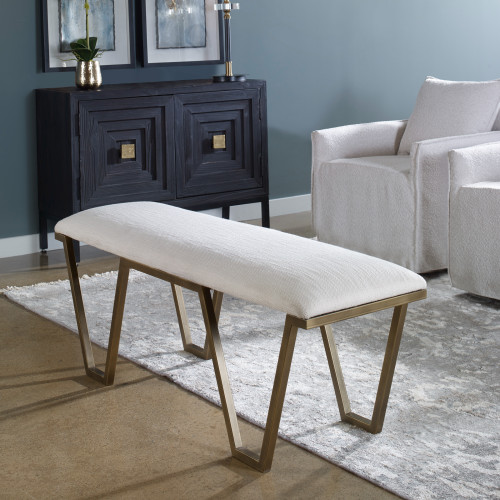 Upholstered Cushion Bench with Iron Legs - 53.75" - Antique Gold Finish - IMAGE 1