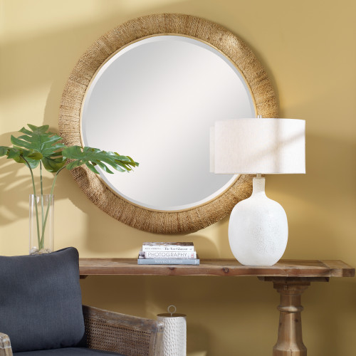 Framed Beveled Round Mirror - 47" - Beige - IMAGE 1
