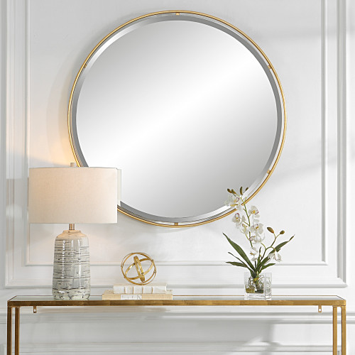 Round Beveled Floating Wall Mirror - 42" - Antiqued Gold Finish - IMAGE 1