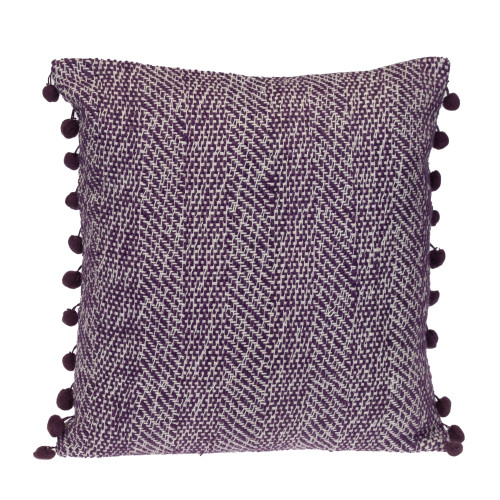 Woven Square Throw Pillow with Pom Pom - 18" - Purple - IMAGE 1