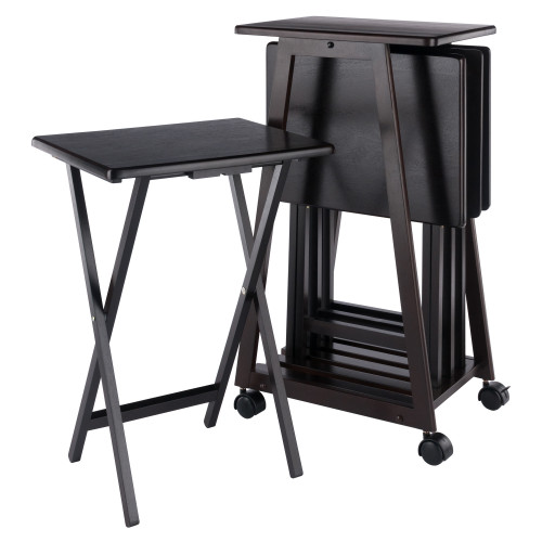 Folding Snack Table Set with Rolling Stand - 34.25" - Brown - 5pc - IMAGE 1