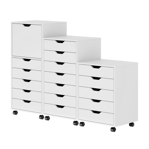 3-Piece 18-Drawer Wooden Storage Cabinet with Wheels - 41.5" - White - IMAGE 1