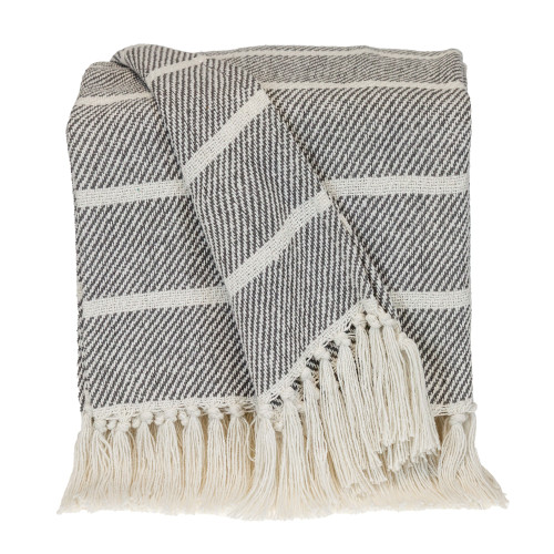 Striped Cotton Throw Blanket with Fringes - 50" x 60" - Gray and White - IMAGE 1