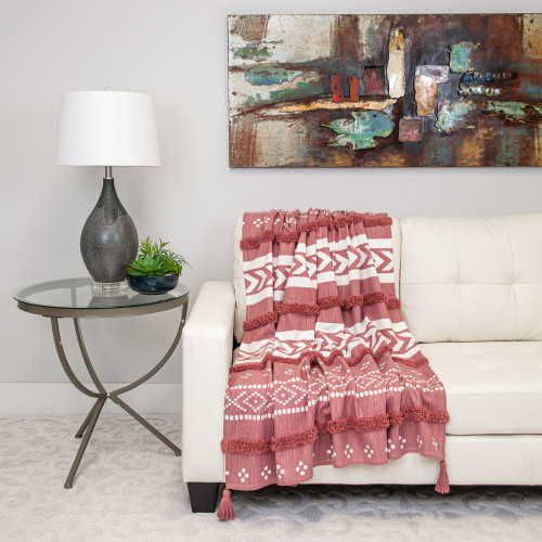 Striped and Dot Cotton Throw Blanket with Tassels - 50" x 60" - Pink - IMAGE 1