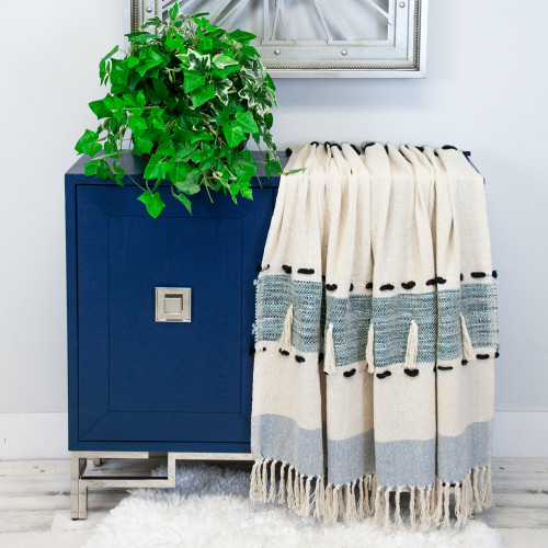 Handloom Variegated Rectangular Throw Blanket with Tassels - 50" x 60" - Blue and Beige - IMAGE 1