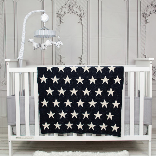 Knitted Starry Starry Night Rectangular Cotton Baby Throw Blanket - 32" x 40" - Navy Blue and White - IMAGE 1