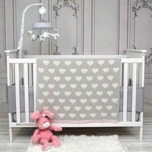 Knitted Heart Cloud Rectangular Cotton Baby Throw Blanket - 32" x 40" - Gray and Cream - IMAGE 1