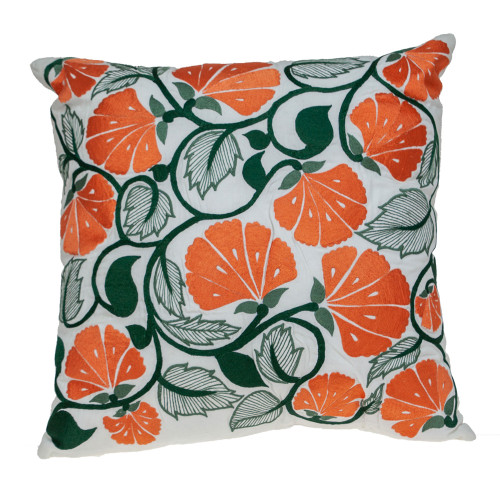 Floral Embroidered Cotton Square Throw Pillow - 22" - White and Orange - IMAGE 1