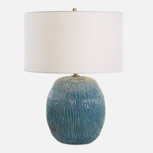 Ribbed Textured Ceramic Table Lamp with White Drum Shade - 23.5" - Blue and Green - IMAGE 1
