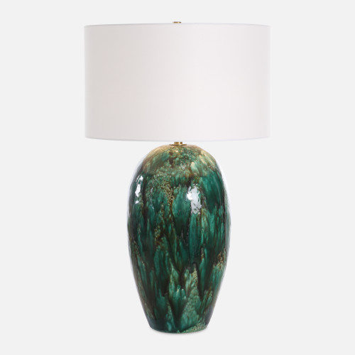 Drip Glaze Table Lamp with Drum Shade - 33.25" - Emerald Green - IMAGE 1