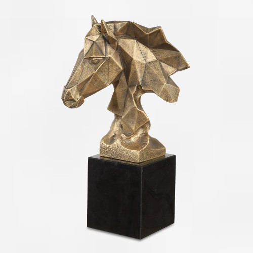 Geometric Faceted Horse Bust with Marble Base - 13.25" - Antique Gold Finish - IMAGE 1