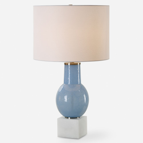 Seeded Glass Table Lamp with White Round Drum Shade - 28" - Sky Blue - IMAGE 1