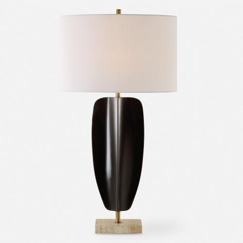 Hand Forged Travertine Table Lamp with White Oval Shade - 30.25" - Black - IMAGE 1