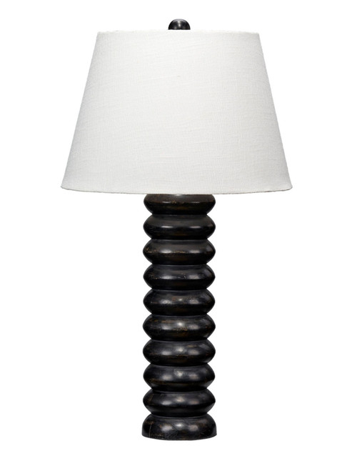 Hand Carved Mango Wood Table Lamp with Drum Shade - 29.5" - White and Black - IMAGE 1