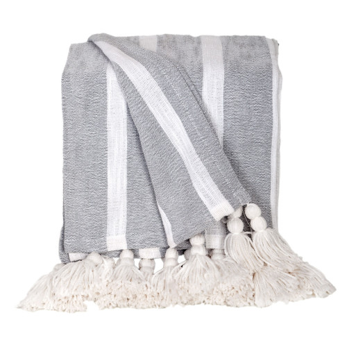 Vertical Striped Cotton Throw Blanket with Tassels - 50" x 60" - Gray and White - IMAGE 1