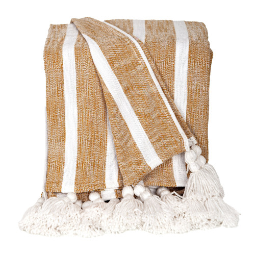 Striped Cotton Throw Blanket with Tassels - 50" x 60" - Mustard and White - IMAGE 1