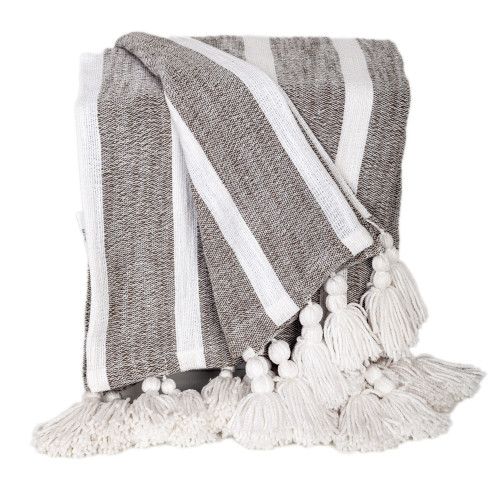 Striped Cotton Throw Blanket with Tassels - 50" x 60" - Charcoal Gray and White - IMAGE 1