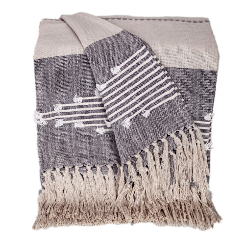 Striped Cotton Throw Blanket with Tassels - 50" x 60" - Fossil Gray and White - IMAGE 1