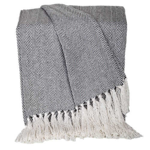 Herringbone Cotton Throw Blanket with Tassels - 52" x 67" - Gray and White - IMAGE 1