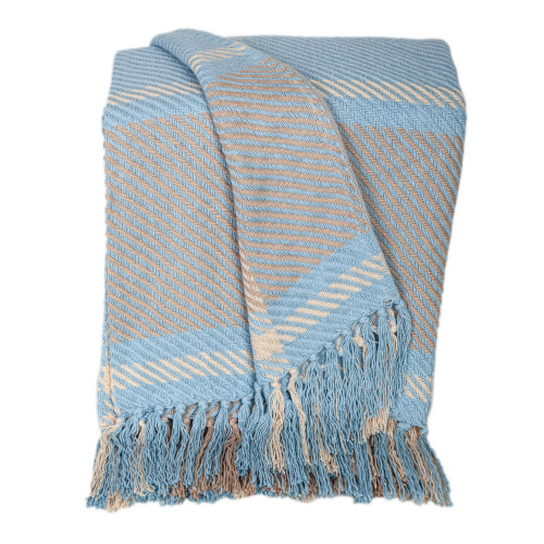 Striped Cotton Throw Blanket with Tassels - 50" x 60" - Blue and Gray - IMAGE 1