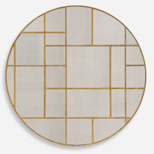Geometric Grid Round Wall Mirror - 45" - Antiqued Gold Finish - IMAGE 1