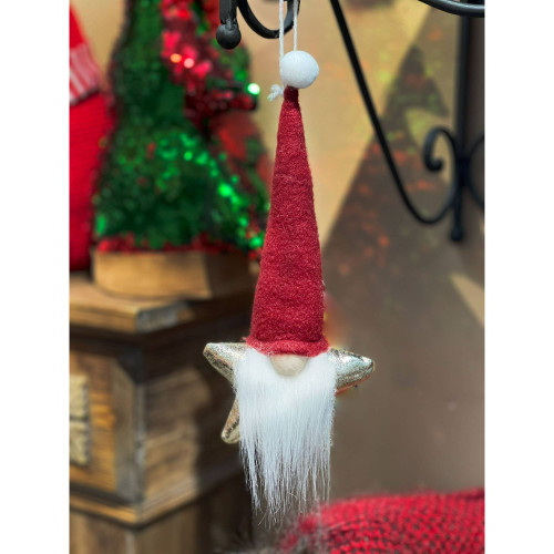 Star Gnome with Santa Hat Christmas Ornaments - 9.5" - Gold and Red - IMAGE 1