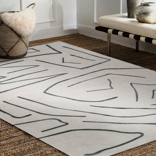 5.25' x 7.25' Modern Abstract Line Pattern Area Throw Rug - Cream and Blue - IMAGE 1
