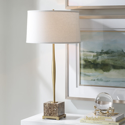 Square Marble Table Lamp with Drum Shade - 34.25" - Plated Antique Brass - IMAGE 1
