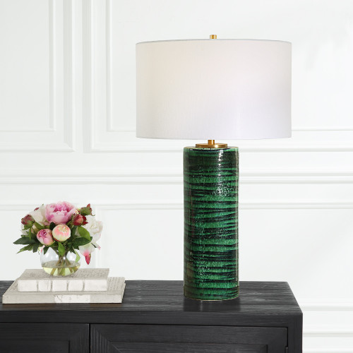 Cylindrical Striped Ceramic Table Lamp - 34" - Emerald Green - IMAGE 1