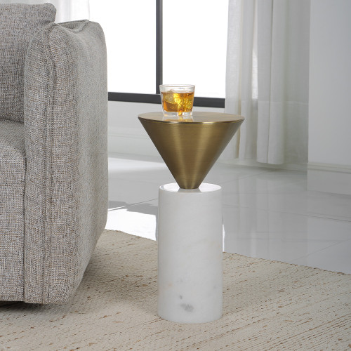 Drink Table with Inverted Conical Top - 20.25" - Brushed Brass and White - IMAGE 1