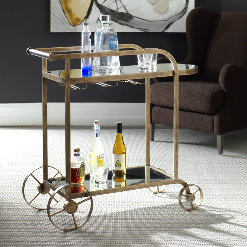 Mirrored Glass Top Bar Cart - 38.25" - Brass Finish - IMAGE 1