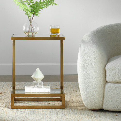 Double Floating Glass Accent Table - 24.25" - Clear and Brass Finish - IMAGE 1