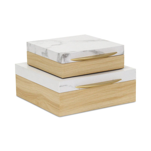 Square Faux Marble Decorative Storage Box Set - 10.75" - White and Brown - IMAGE 1