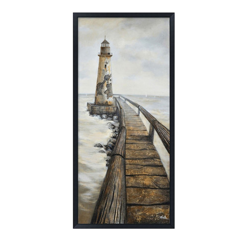 74" Brown and White Rectangular Framed Vintage Lighthouse Wall Art - IMAGE 1