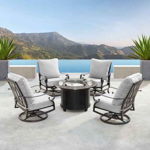 5-Piece Black and Gray Outdoor Patio Round Fire Table with Deep Seating Swivel Rocking Chairs 44" - IMAGE 1