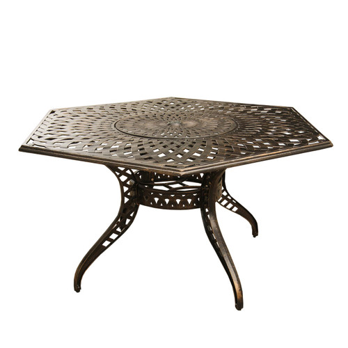63” Bronze Hexagonal Ornate Cast Aluminum Outdoor Patio Table - IMAGE 1
