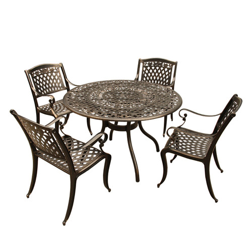 5-Piece Bronze Ornate Rose Lattice Round Aluminum Patio Dining Set - IMAGE 1