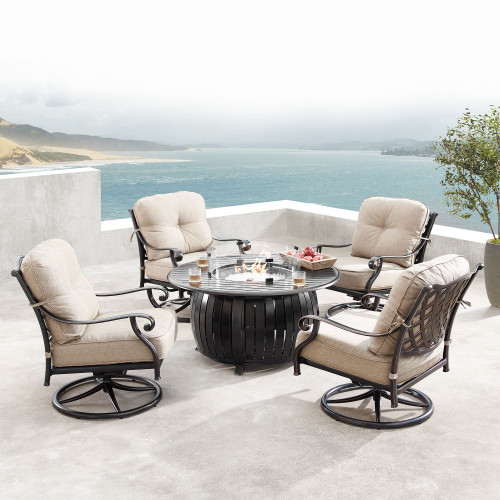 5-Piece Outdoor Patio Round Fire Table with Swivel Rocking Chairs - Brown/Charcoal - IMAGE 1