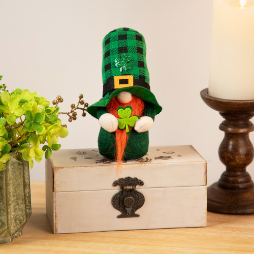 Plaid Gnome with Shamrocks St. Patrick's Day Decoration - 7" - IMAGE 1