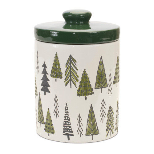 Ceramic Pine Tree Christmas Canister with Lid - 10" - Green and White - IMAGE 1