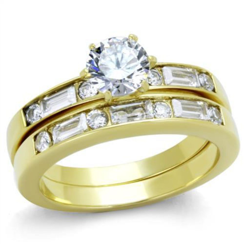 2-Piece Women's Stainless Steel IP Gold Wedding Ring Sets with Round CZ Stone - Size 6 - IMAGE 1