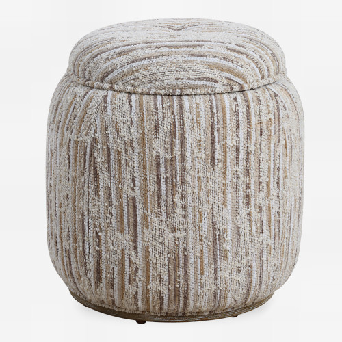 Striped Storage Pouf Ottoman with Wood Base - 18" - Cream and Brown - IMAGE 1