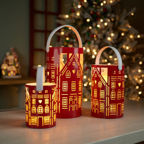 Punched Metal House Candle Lanterns - 12.5" - Red and White - Set of 3 - IMAGE 1