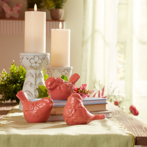 Floral Bird Ceramic Figurines - 4.75" - Pink - Set of 6 - IMAGE 1