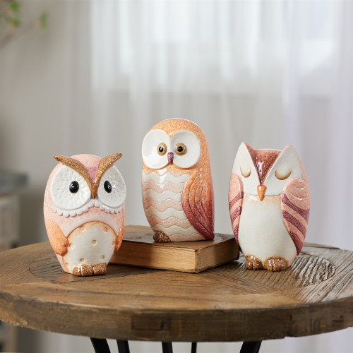 Terracotta Owl Figurines - 7.25" - Pink and Orange - Set of 3 - IMAGE 1