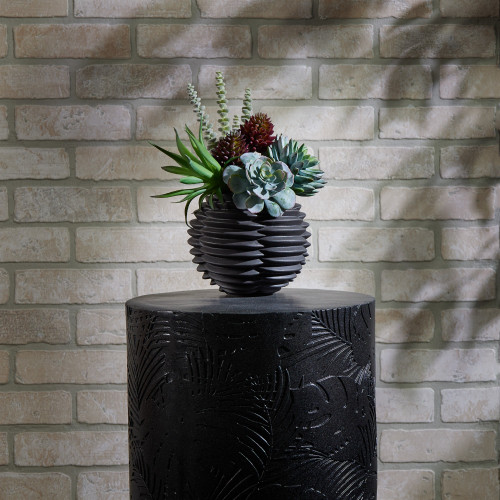 Ribbed Ceramic Round Bud Vases - 5" - Black - Set of 2 - IMAGE 1